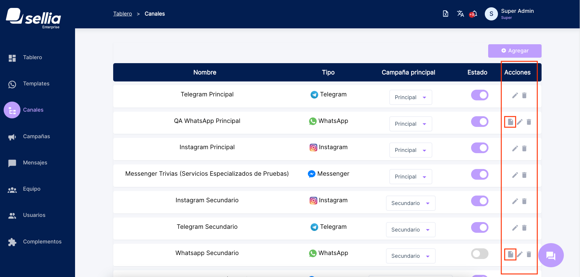 Nueva Configuración de Canales en Sellia